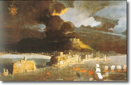 antica stampa raffigurante un castello circondato dal mare con sullo sfondo un vulcano in eruzione